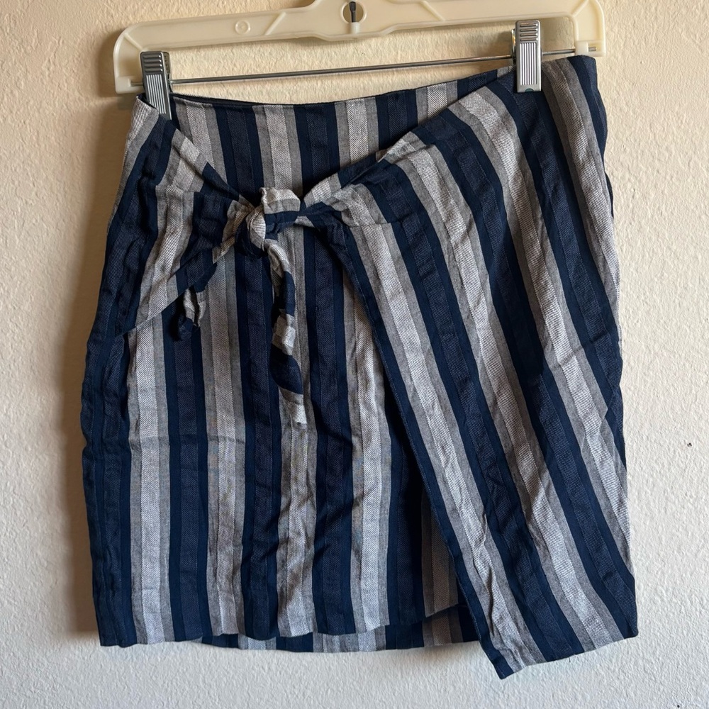 Madewell Size 0 Blue Gray Striped Faux Wrap Linen Blend Mini Skirt